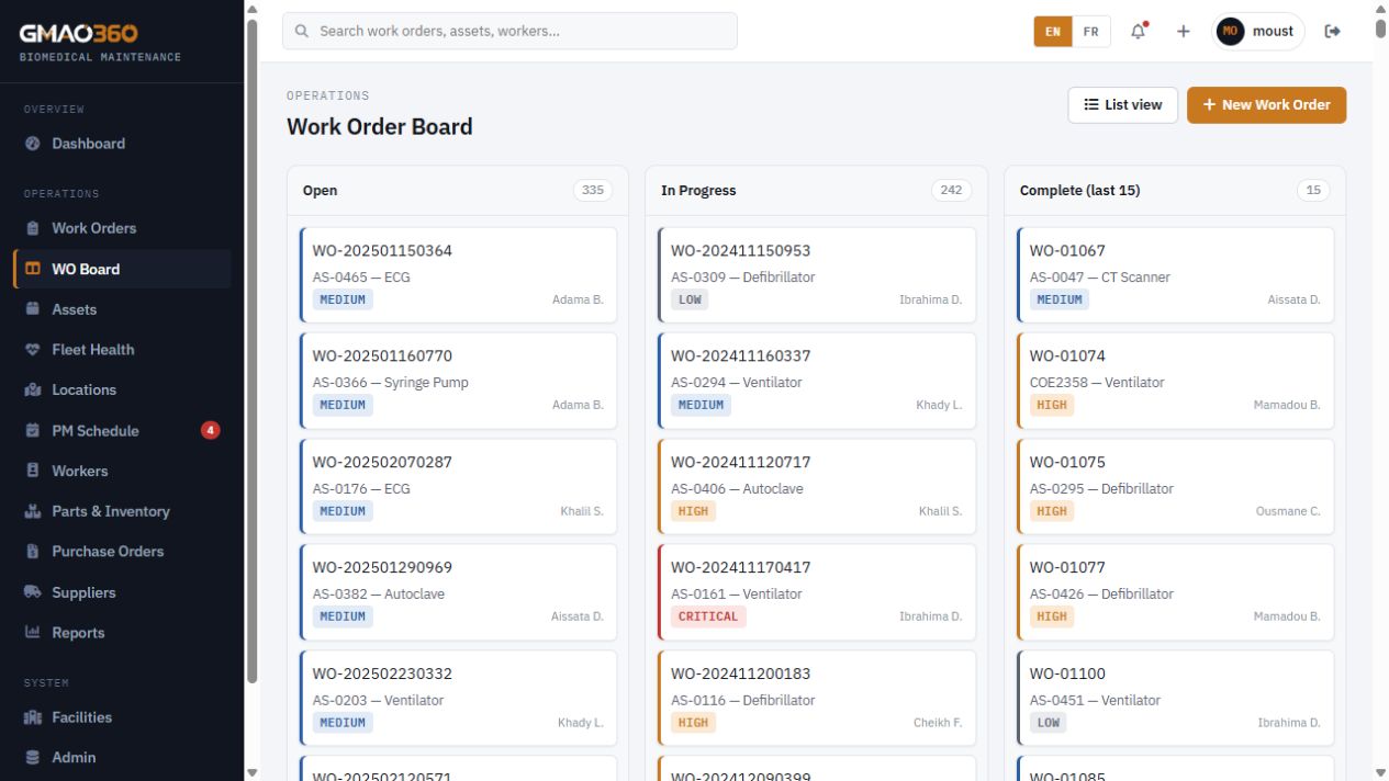 Tableau Kanban des ordres de travail GMAO360