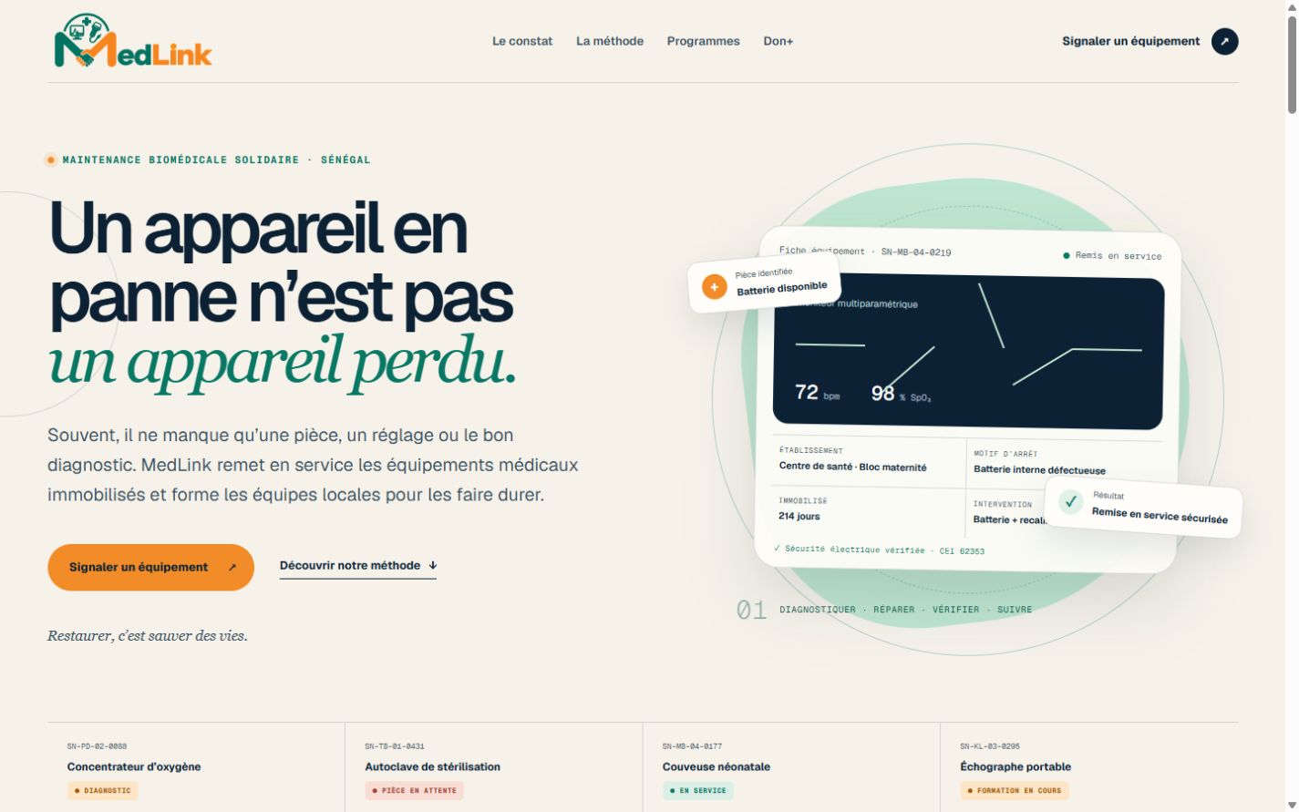 Accueil MedLink et fiche d’un équipement remis en service